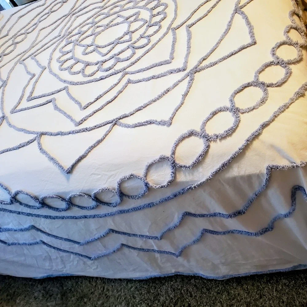 Martha Stewart Duvet Cover Queen Chenille Bedspread Tufted Blue Floral 2 Shams
